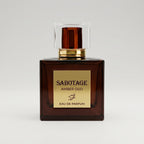 Front view of Sabotage Amber Oud 100ml Eau de Parfum in a square dark amber brown glass bottle with gold label and clear rectangular cap against a light background