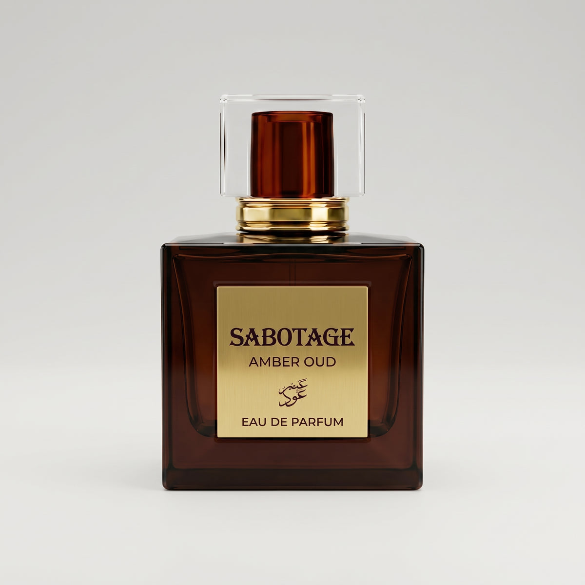 Front view of Sabotage Amber Oud 100ml Eau de Parfum in a square dark amber brown glass bottle with gold label and clear rectangular cap against a light background