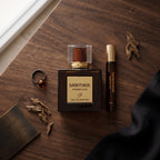 Sabotage Amber Oud Eau de Parfum bottle with matching travel spray, tiger's eye ring, agarwood chips, and black silk fabric on a rustic wooden table.