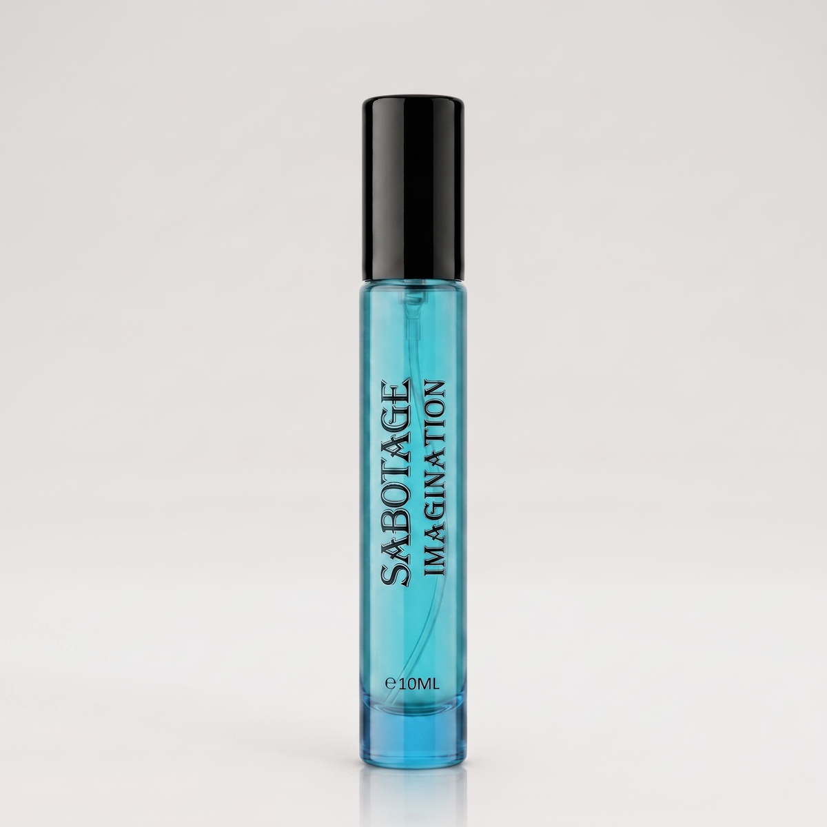 Sabotage Imagination 10ml travel spray bottle with light blue liquid and black cap against a light gray background