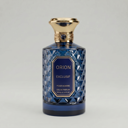 Sabotage Orion Exclusif 100ml Eau de Parfum in a deep blue faceted diamond-cut glass bottle with flared gold cap and blue label
