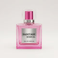 Front view of Sabotage Sensual 100ml Eau de Parfum in a square pink glass bottle with silver label and clear square cap against a light gray backgroun